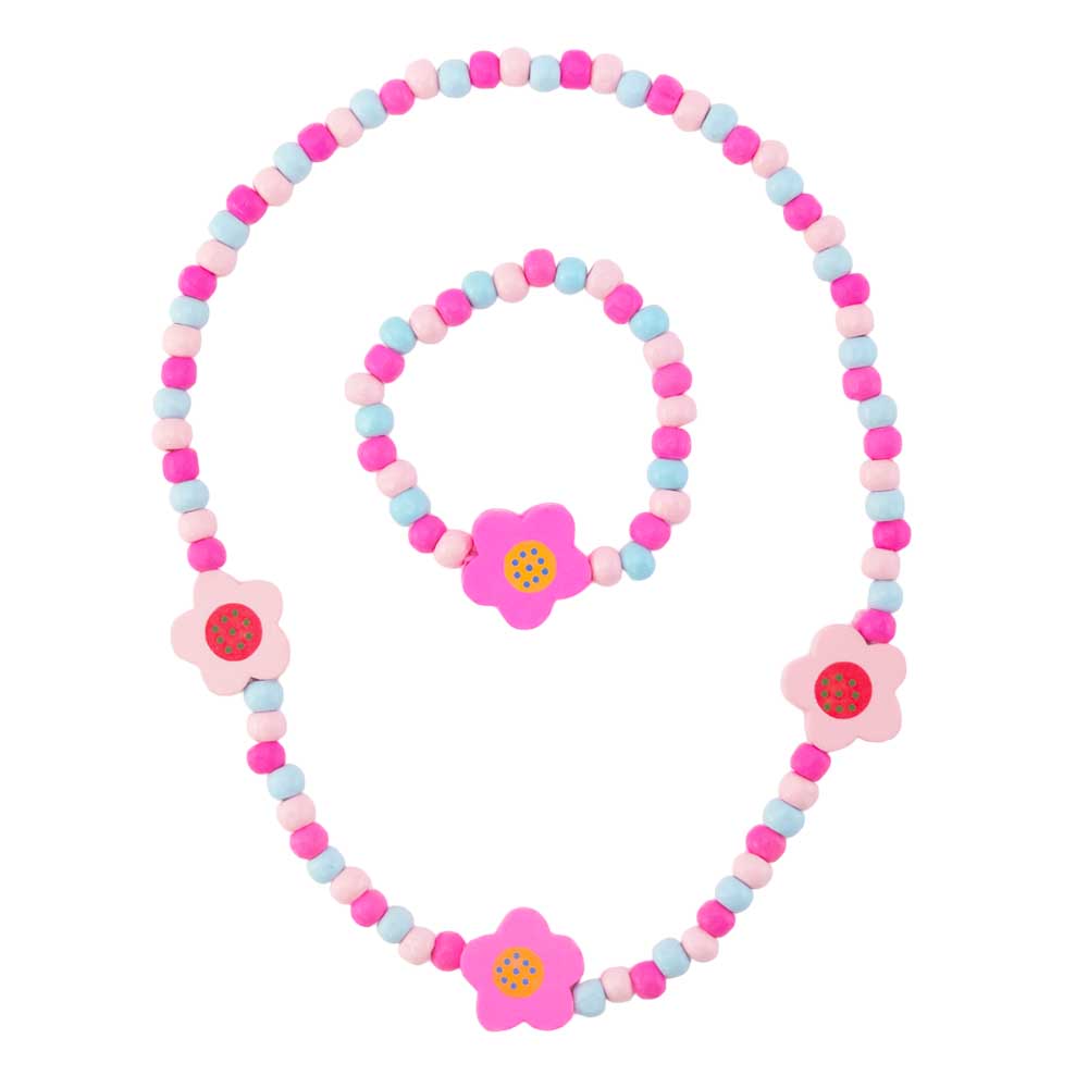 Pastel Flowers Girls Wood Necklace Bracelet Set Mini Gift