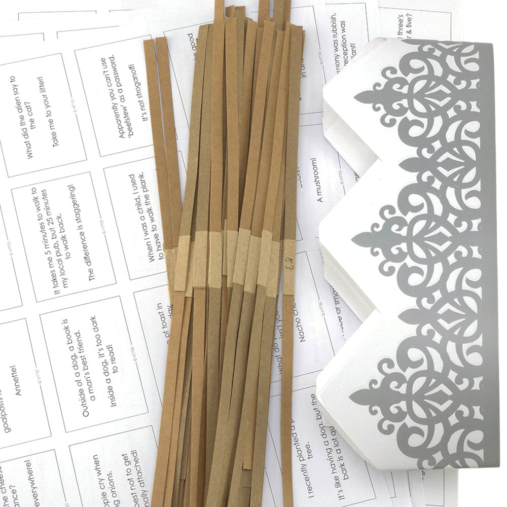 Silver Adjustable Paper Hats, Jokes and Cracker Snaps | DIY Cracker Accessory Pack