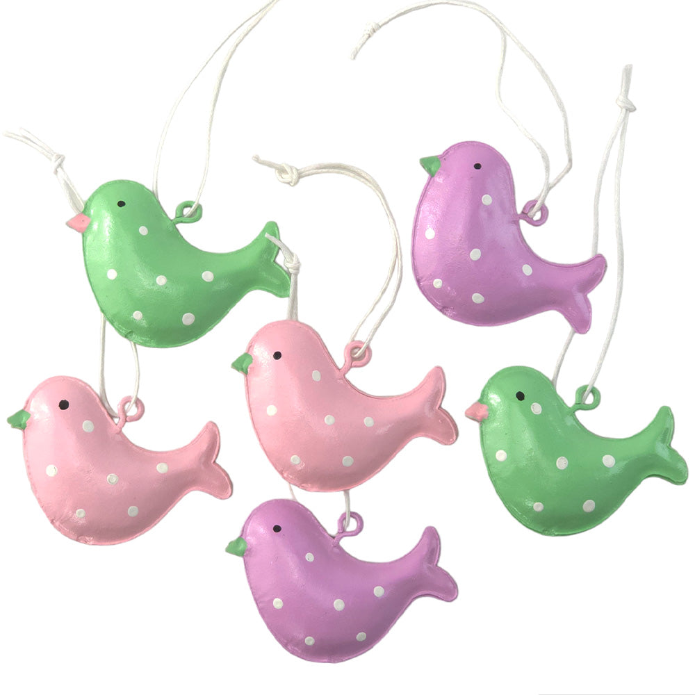 Gorgeous Pastel Spotty Birds | Tinware | 6 Hanging Tree Decorations