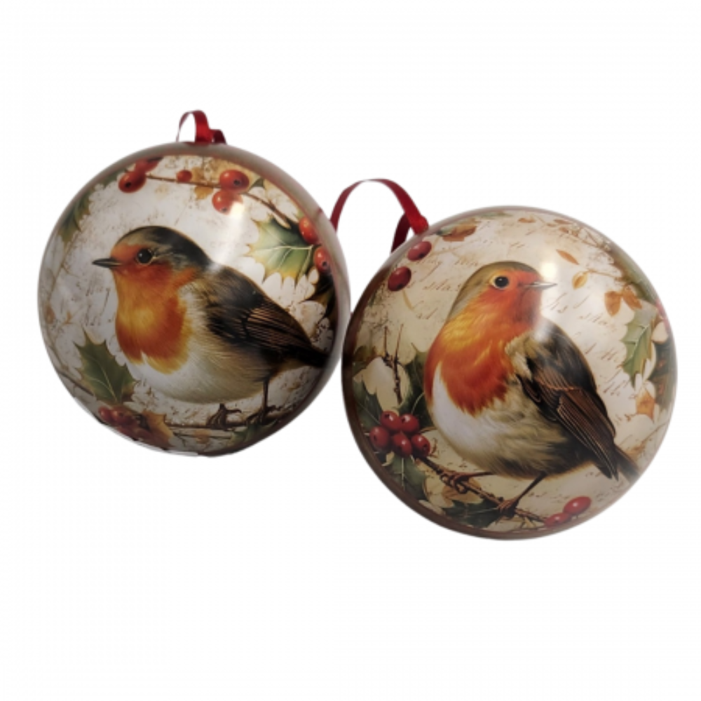 Fillable Tinware Spherical Bauble | Retro Christmas Robin | 7cm | Single