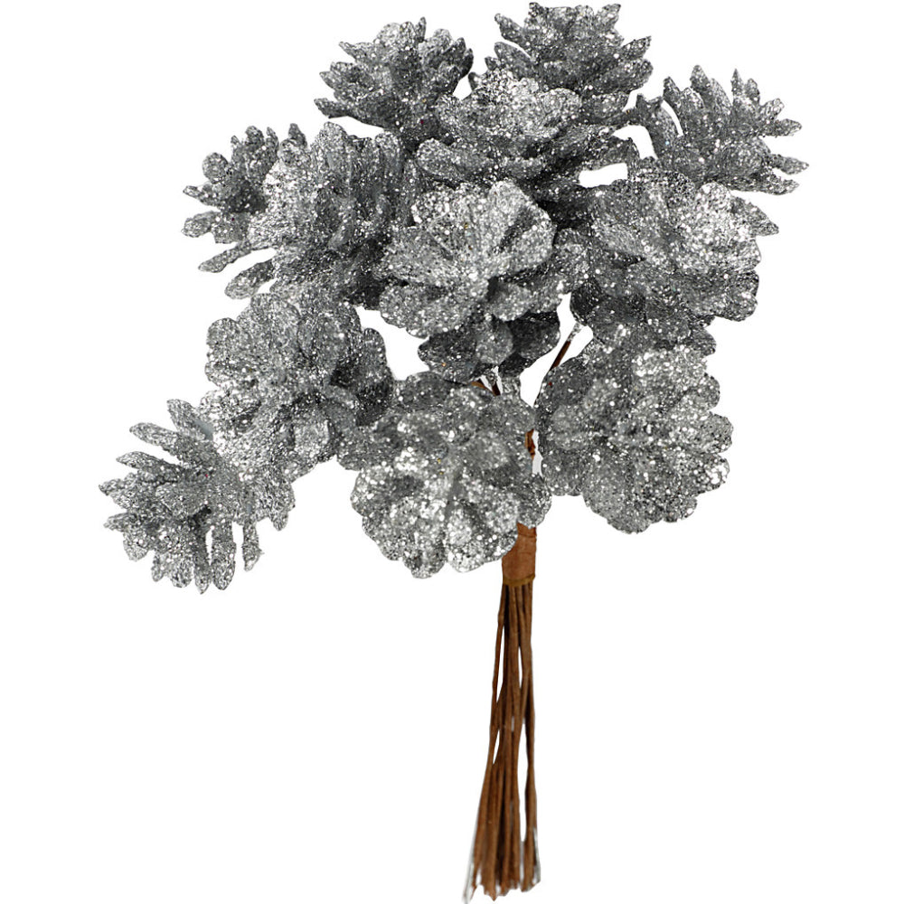 12 Mini Silver Glitter Artificial Pine Cone Wired Floristry Picks