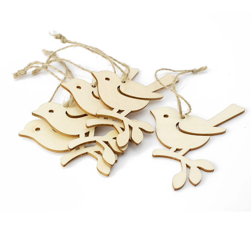 5 Wooden Bird on Branch Hanging Shapes to Decorate - 9cm
