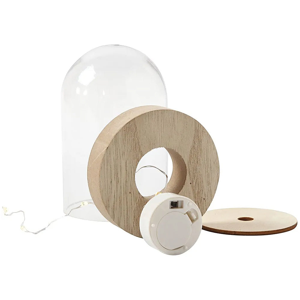 Plastic Bell Jar Cloche on Wooden Stand & LED Lights for Crafts - Choice of Sizes