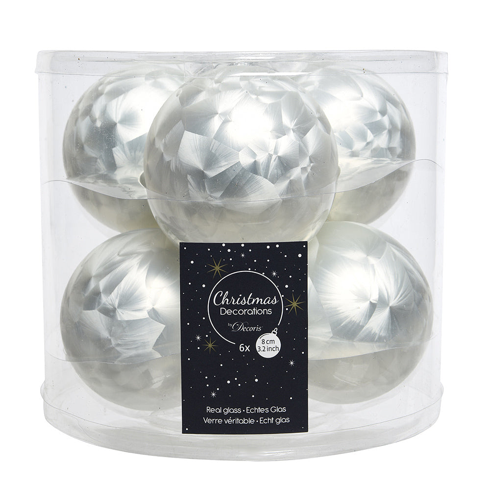 6pk 8cm White Ice Glass Christmas Tree Bauble Decorations