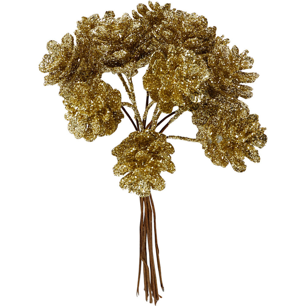 12 Mini Gold Glitter Artificial Pine Cone Wired Floristry Picks