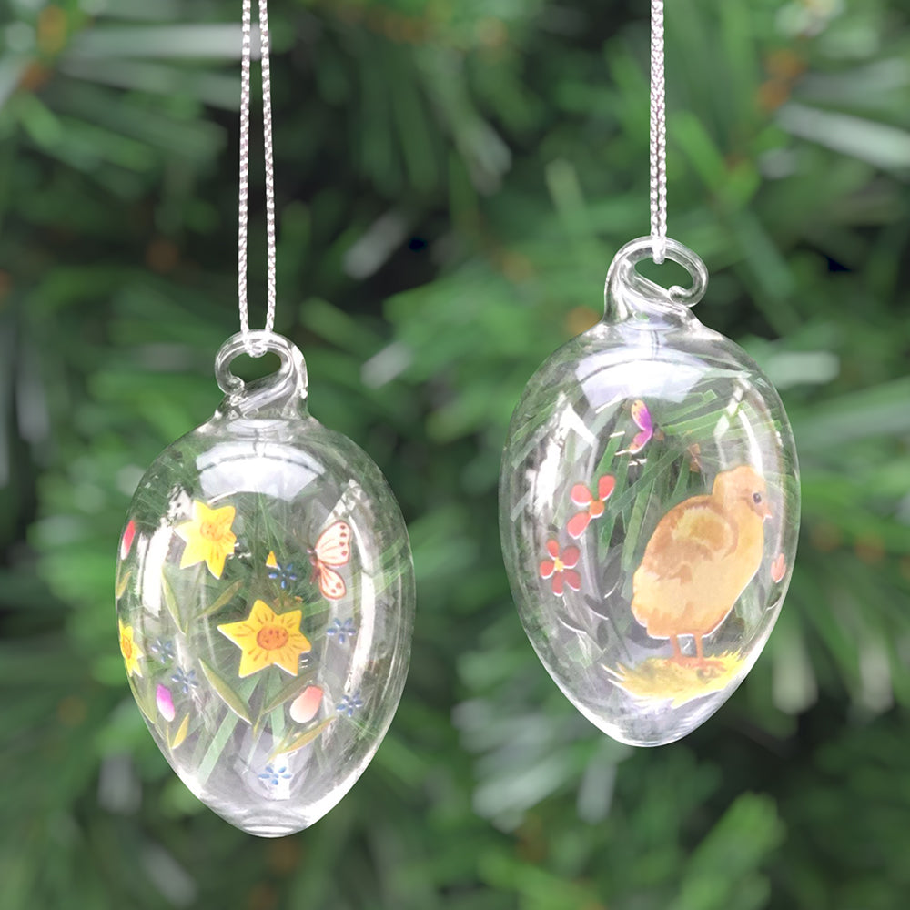 Spring Flowers & Chick | Clear Glass Hanging Easter Eggs | 2 Pieces | 6cm Tall