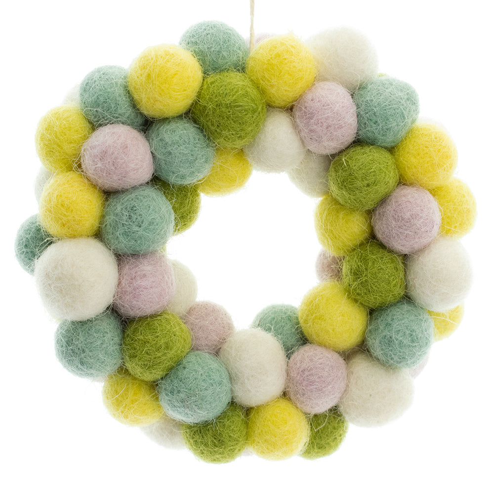 Single 8cm Hand Felted Pastel Pom Pom Wreath Easter Tree Decoration | Fairtrade Felt