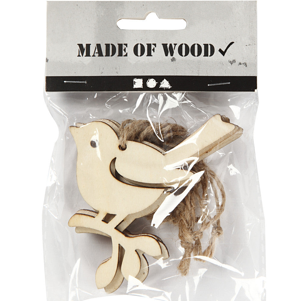 5 Wooden Bird on Branch Hanging Shapes to Decorate - 9cm