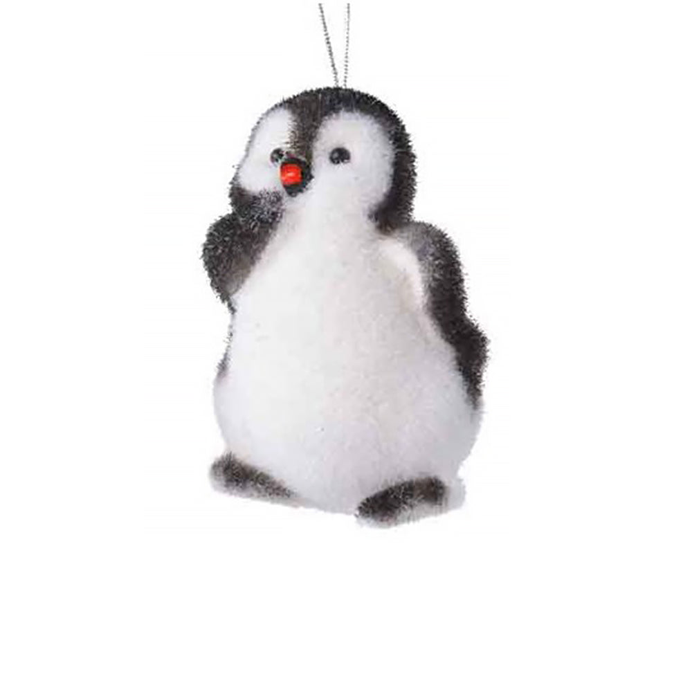 Wings Up | Black and White Flocked Penguin | Hanging Christmas Decoration