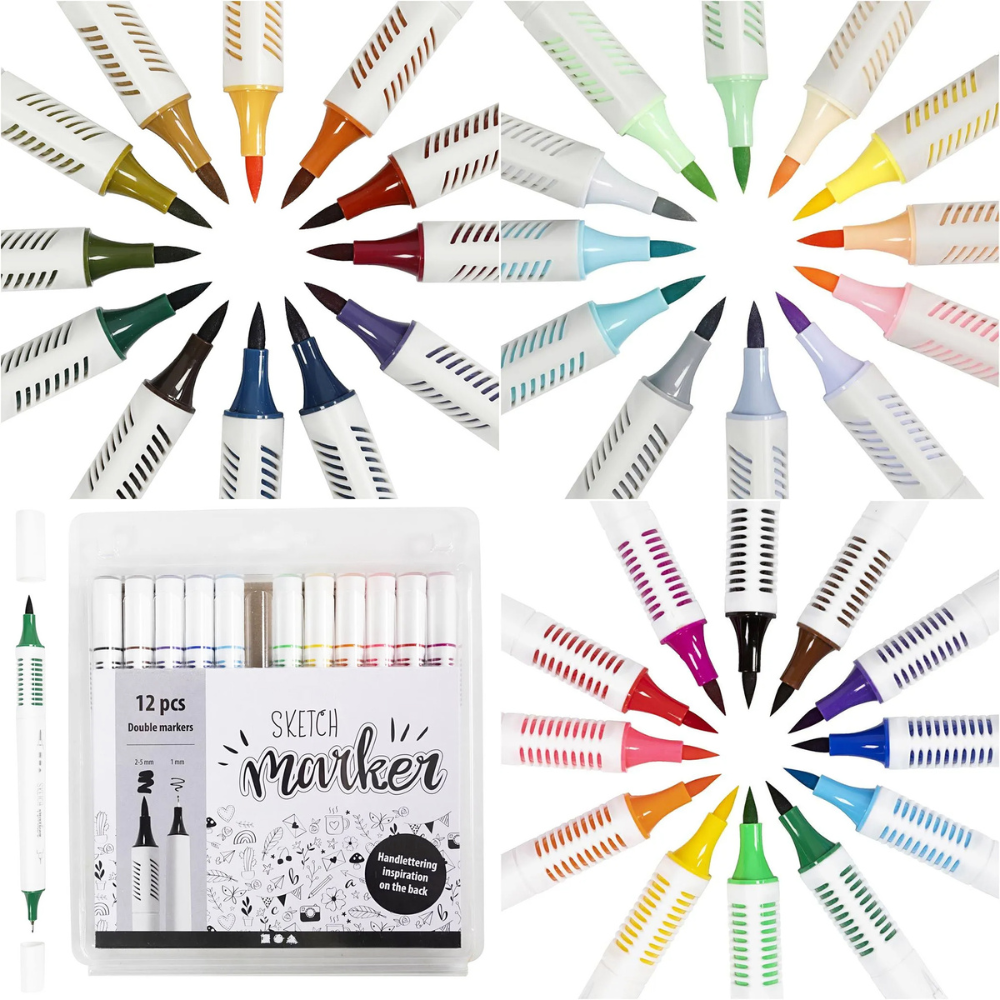 Sketch & Writing Markers | Double Ended | 1mm & 2.5 mm | 12 Pack