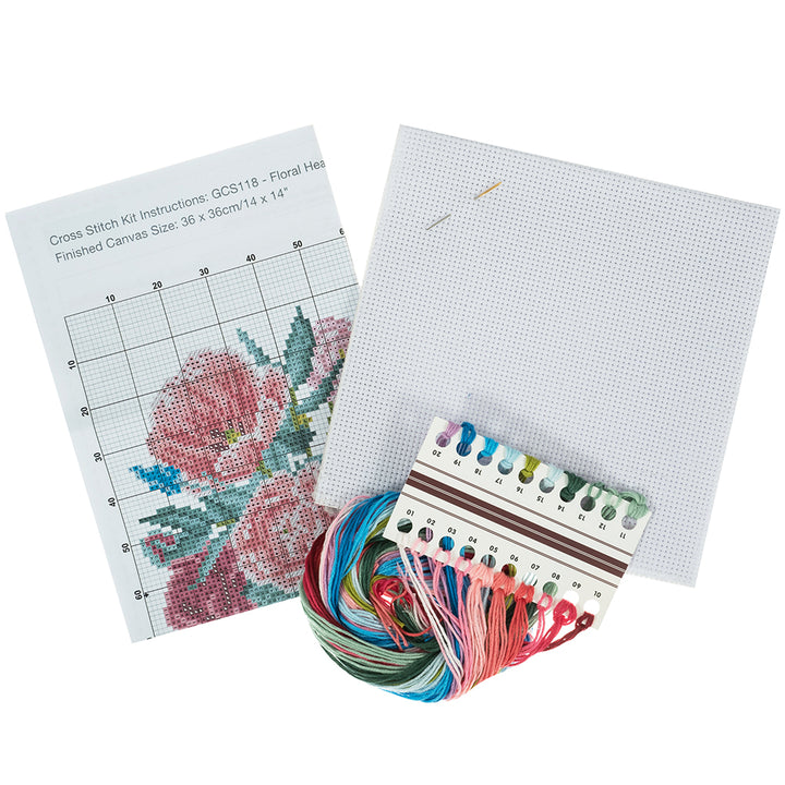 Pretty Floral Heart | Complete Cross Stitch Kit | 28x28cm
