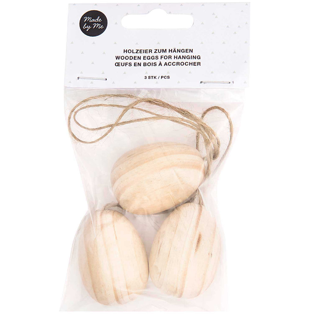 3 Natural Untreated Wooden Hanging Eggs with Cords - 4.3cm Tall
