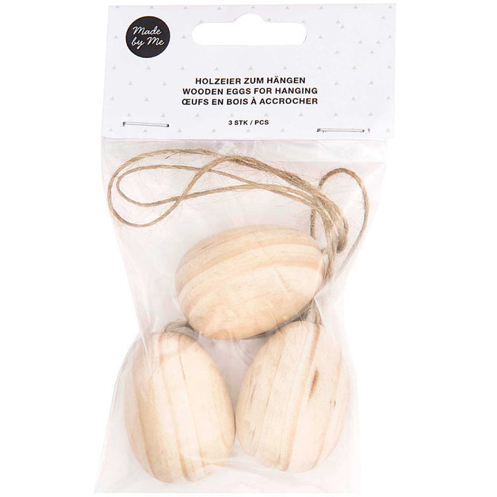3 Natural Untreated Wooden Hanging Eggs with Cords - 4.3cm Tall