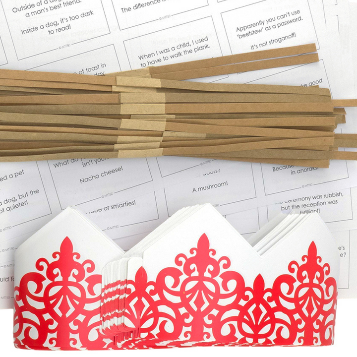 Red Adjustable Paper Hats, Jokes and Optional Snaps | DIY Cracker Accessory Pack