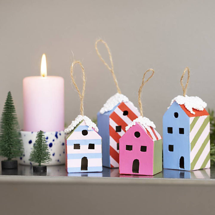 Striped Christmas Houses Craft Kit | Makes 4 Hanging Christmas Tree Decorations