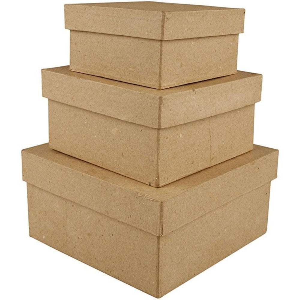 3 Paper Mache Square Stacking Boxes - Largest 15x15x7.5cm | Papier Mache Boxes