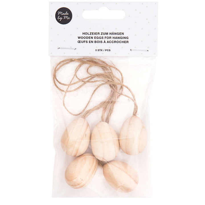 5 Natural Untreated Wooden Hanging Eggs with Cords - 3cm Tall