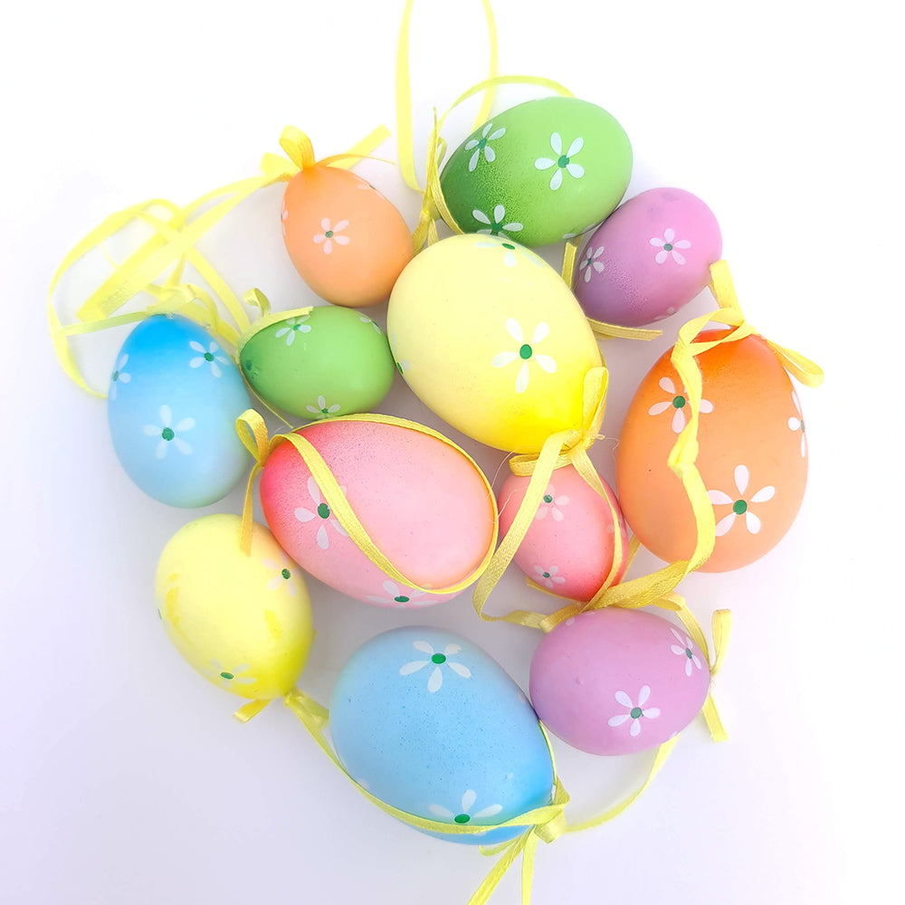 12 Pack Assorted Bright Colours with Simple Flowers Plastic Hanging Eggs for Easter Trees