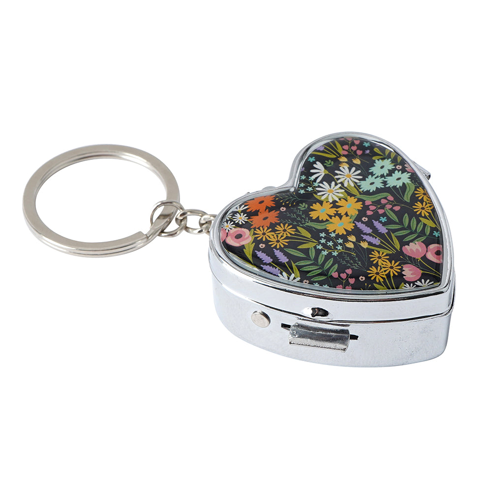 Pretty Floral Heart Shaped Mini Pill Box Keyring | Little Gift | Cracker Filler