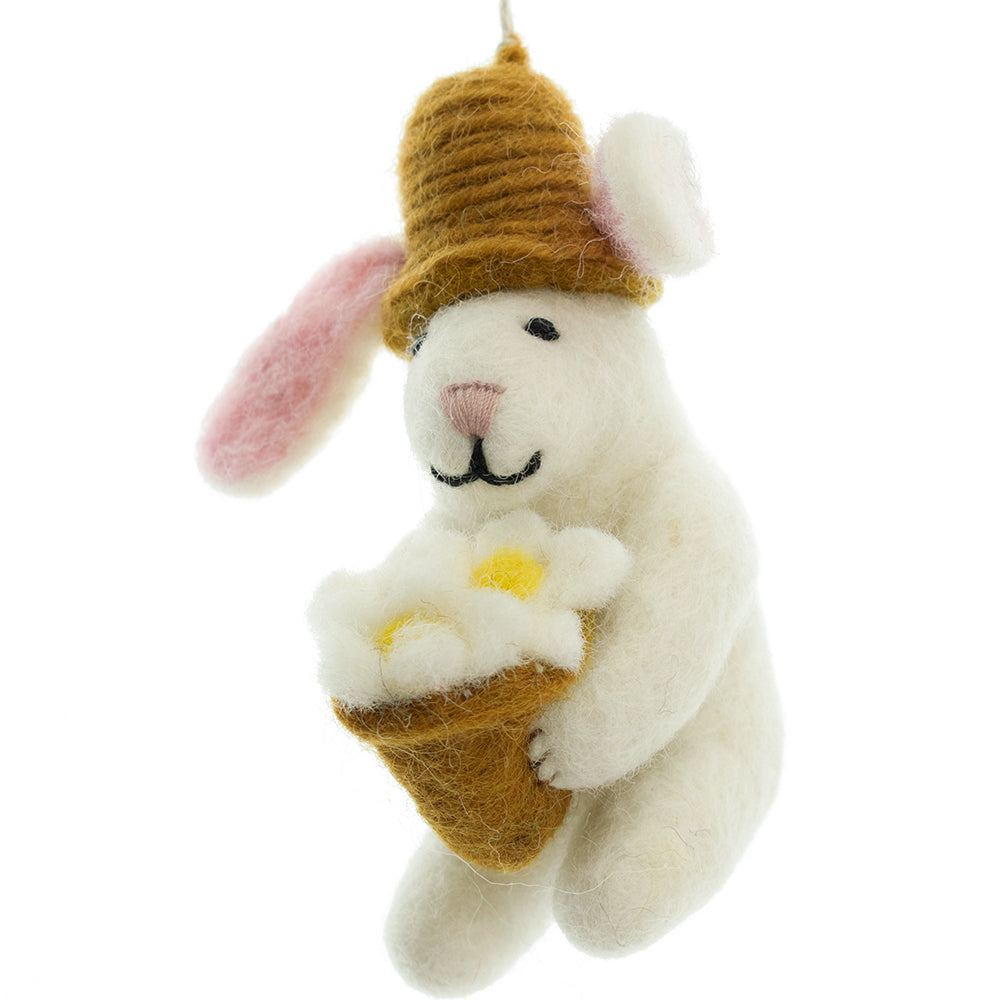 9cm Hand Felted Bunny & Daisies Easter Tree Decoration | Fairtrade Felt