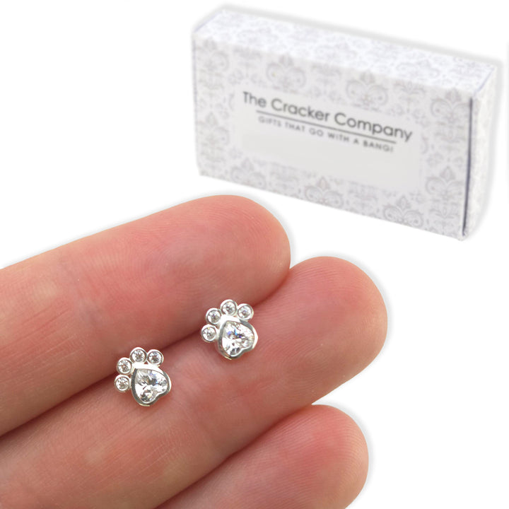 Sterling Silver Crystal Paw Print Stud Earrings | Mini Gift | Cracker Filler