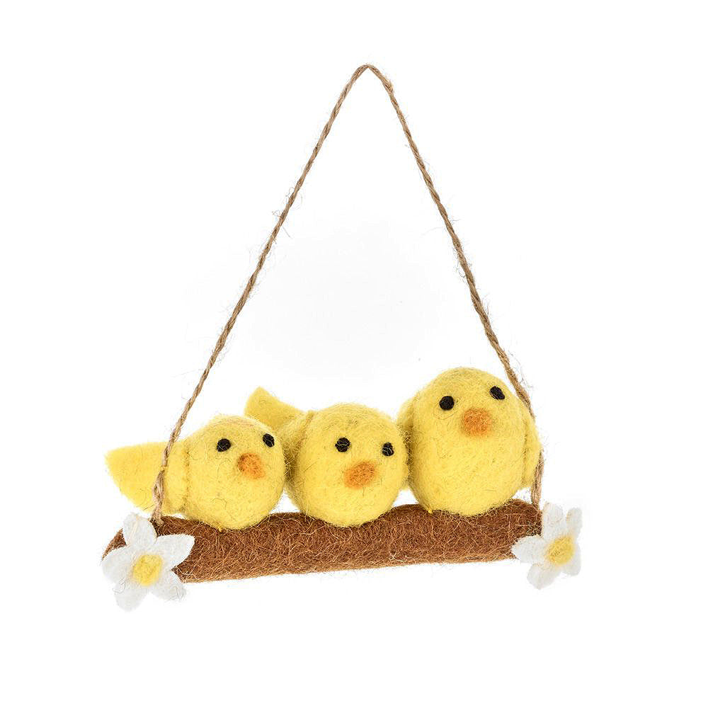 Trio of Easter Chicks on a Branch | Hand Felted Hanging Easter Tree Decoration | Fairtrade Felt