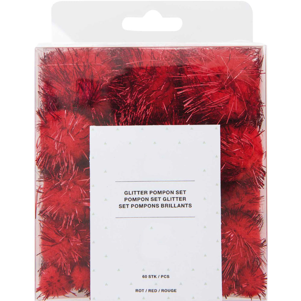 60 Tinsel Craft Pom Poms - Red Glitter (10 to 45mm)