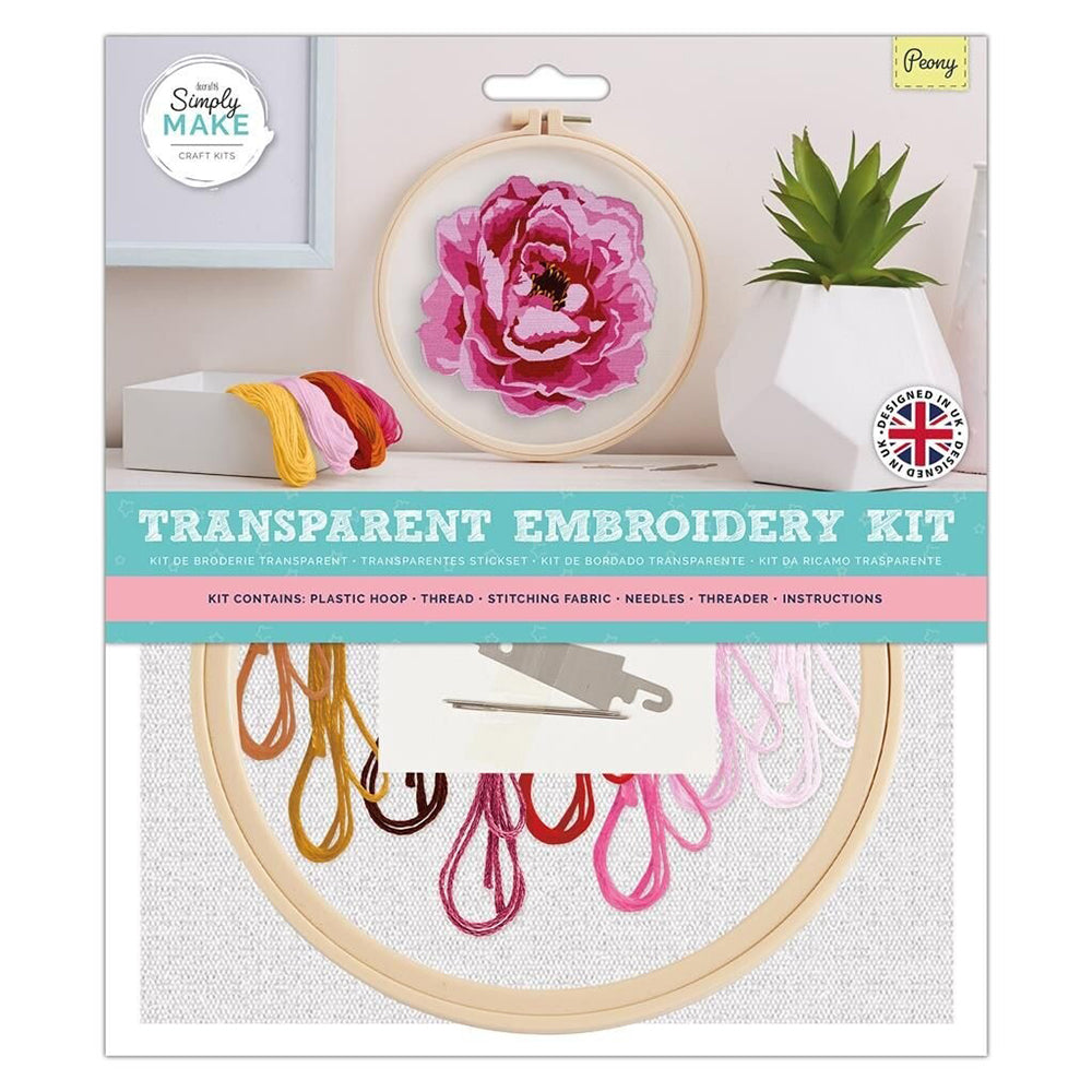 Pretty Peony | Complete Embroidery Kit | Transparent Background | 20cm Hoop