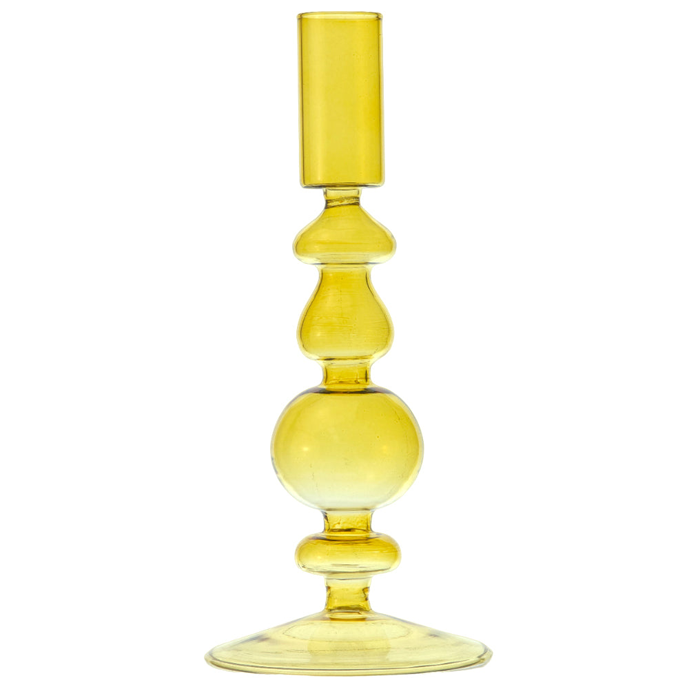 Yellow Glass Candlestick | 19cm Tall | Retro Boho Style | Gisela Graham