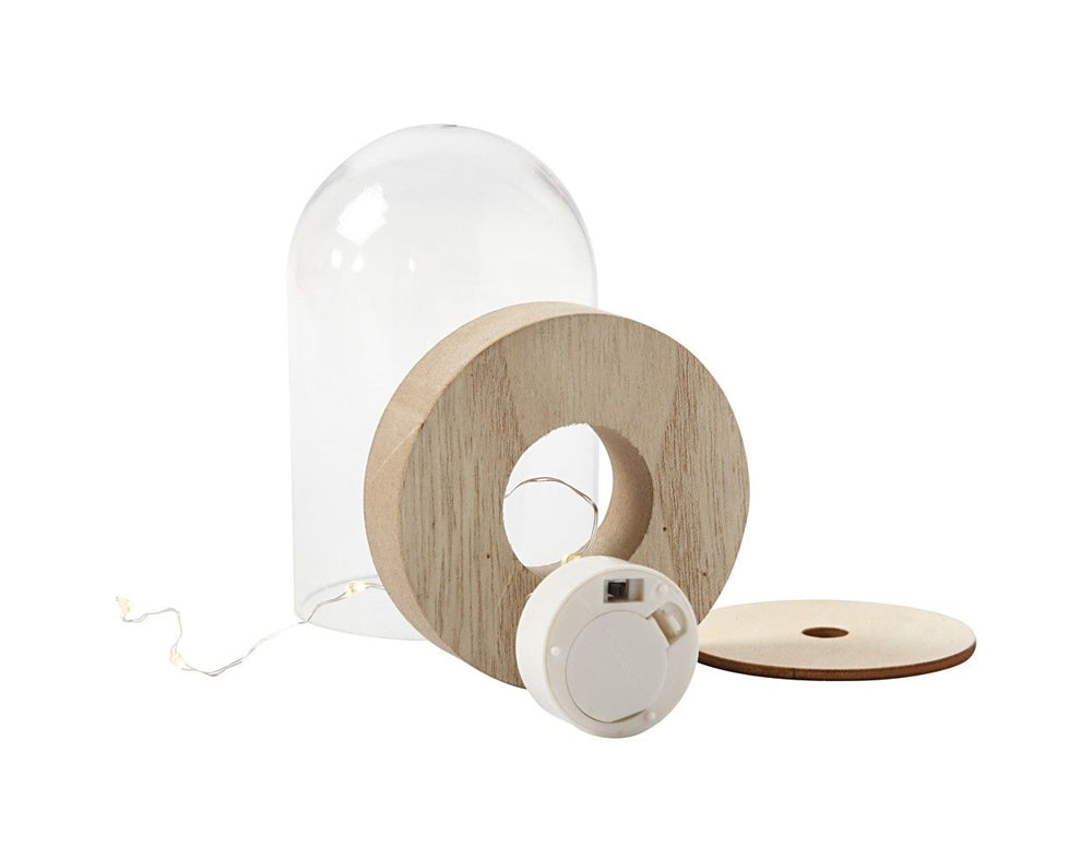 Plastic Bell Jar Cloche on Wooden Stand & LED Lights for Crafts - Choice of Sizes
