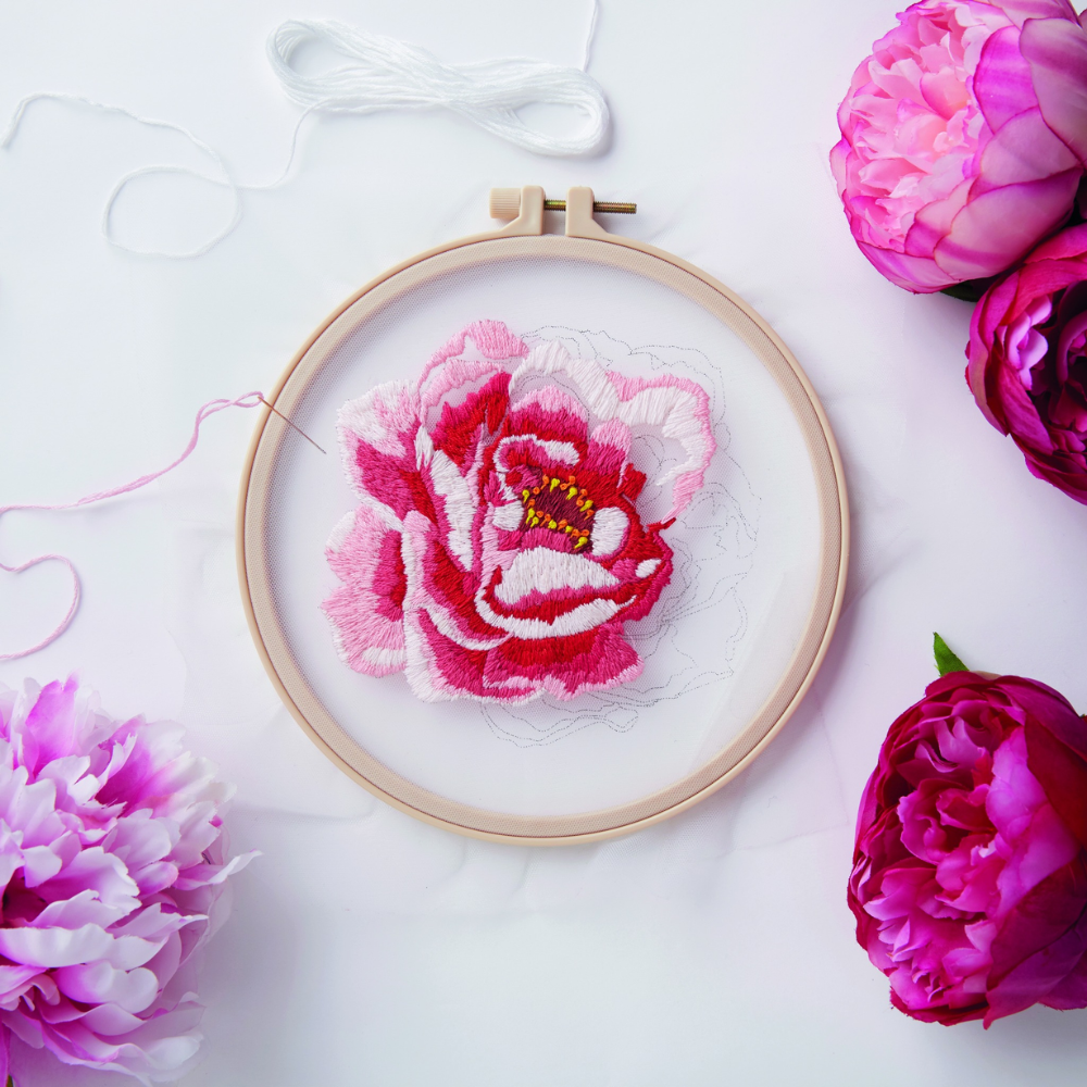 Pretty Peony | Complete Embroidery Kit | Transparent Background | 20cm Hoop