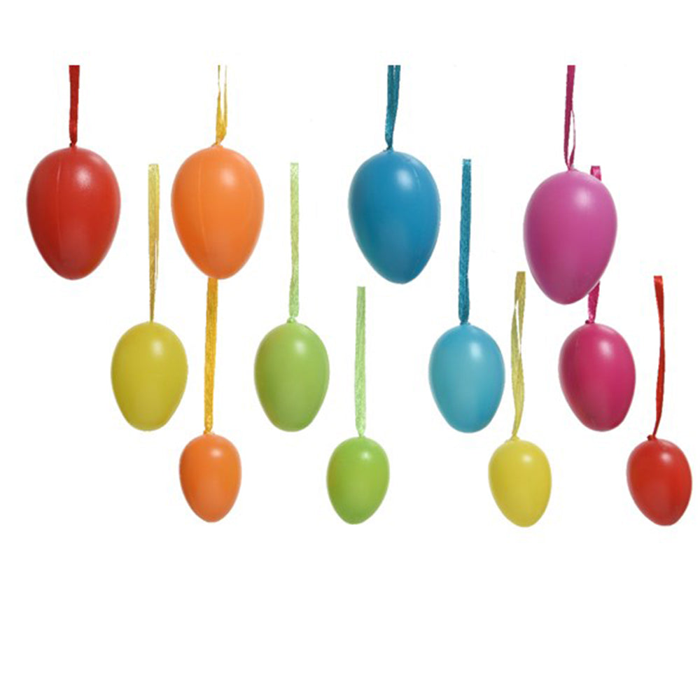 12 Mixed Size Bright Colour Plastic Hanging Eggs for Easter Trees