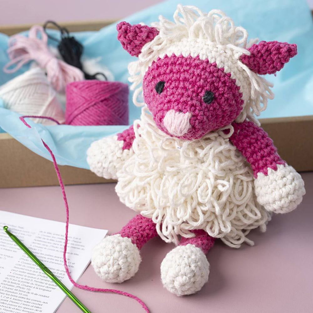 Amigurumi Complete Craft Kit | Pink Shaggy Sheep | Japanese Crochet | Large 24cm