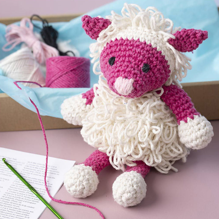 Amigurumi Complete Craft Kit | Pink Shaggy Sheep | Japanese Crochet | Large 24cm
