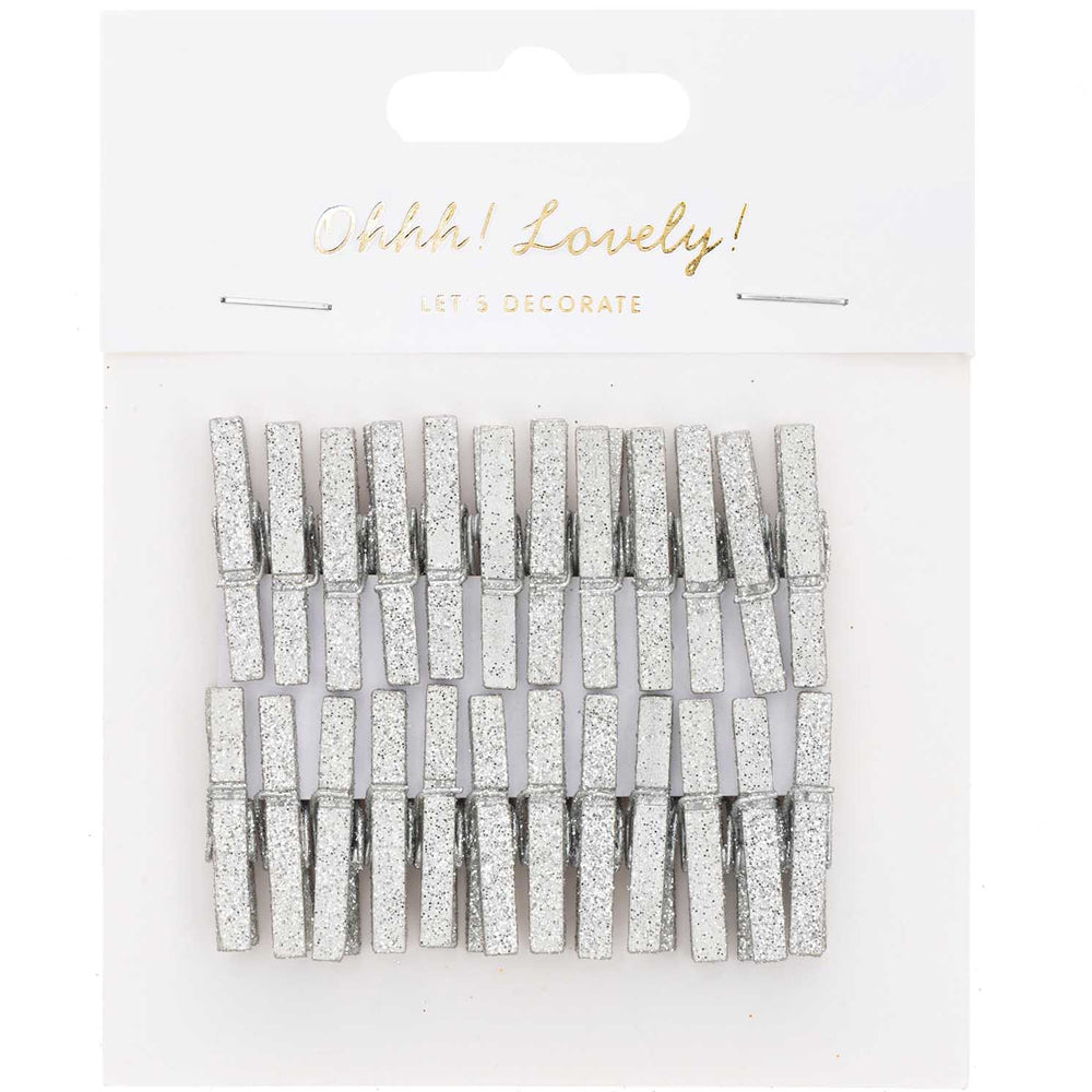24 Mini 3cm Silver Glittered Wooden Clothes Mini Pegs | Wooden Shapes for Crafts