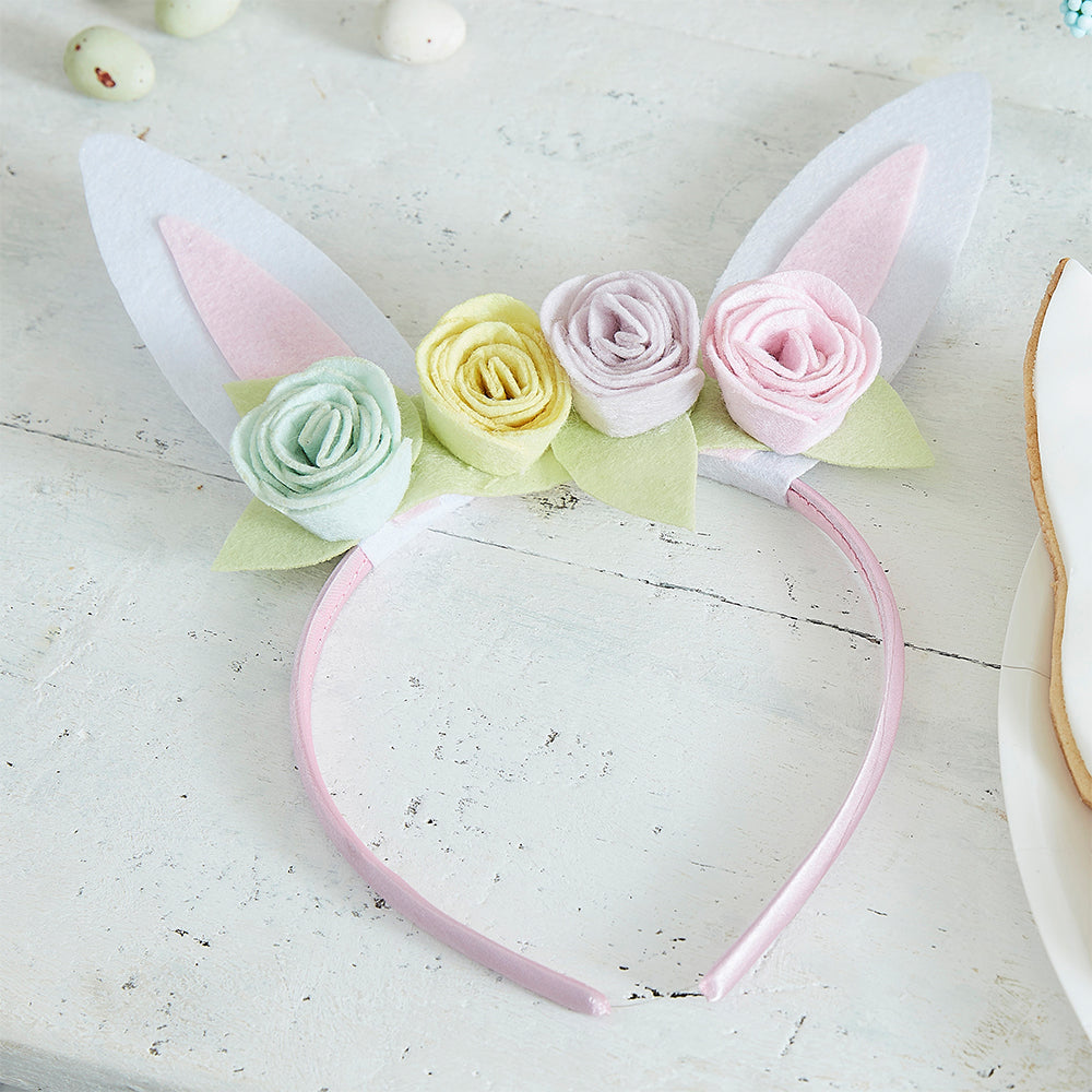 Felt Bunny Ears Headband with Pastel Flowers | Easter Hairband Bonnet