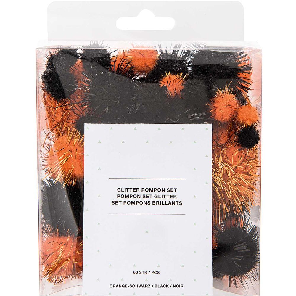 60 Tinsel Craft Pom Poms - Halloween Glitter Colours (10 to 45mm)