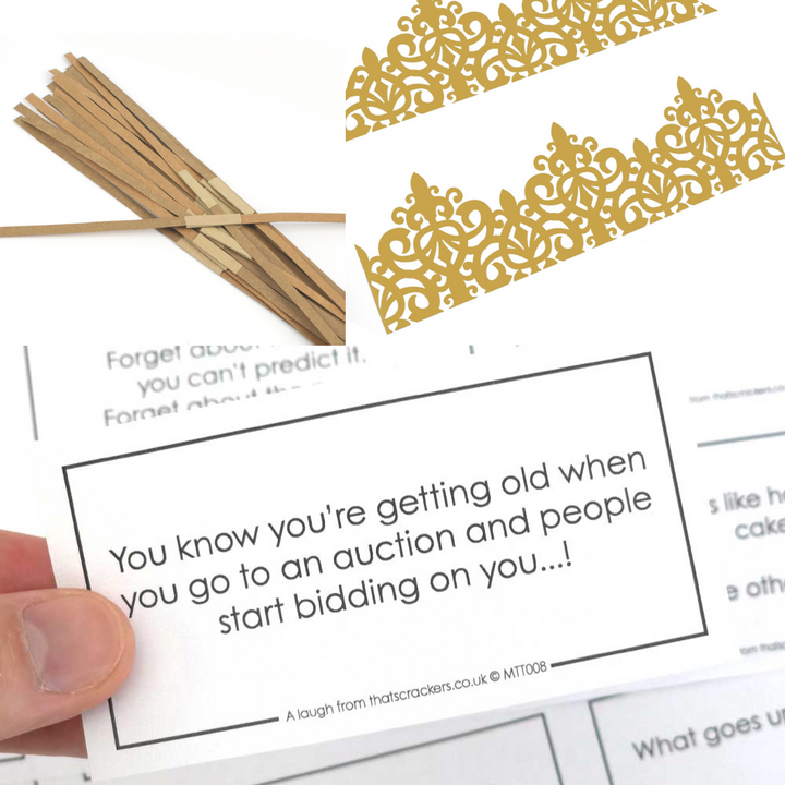 Adjustable Cracker Hats, Snappy Strips & Jokes for 12 DIY Crackers | Generic, Christmas or Birthday Jokes