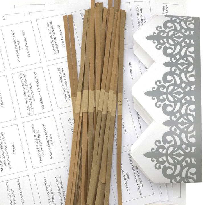 Silver Adjustable Paper Hats, Jokes and Cracker Snaps | DIY Cracker Accessory Pack