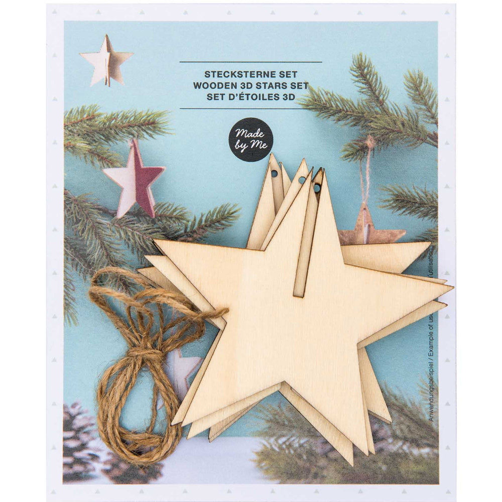 3 Natural Wooden Hanging 3D Stars - Use Plain or Decorate