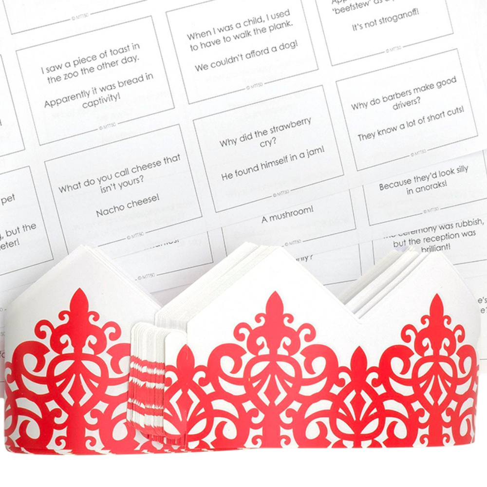 Red Adjustable Paper Hats, Jokes and Optional Snaps | DIY Cracker Accessory Pack
