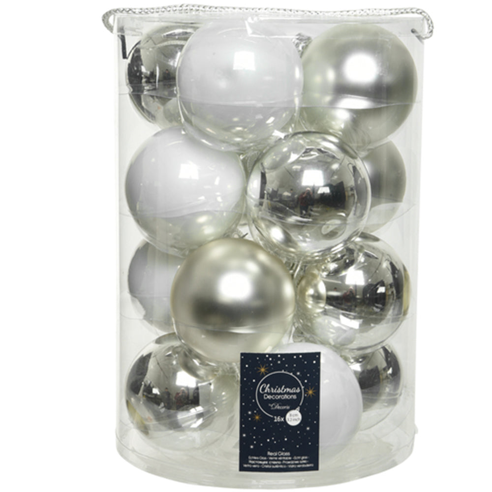 8cm Real Glass Silver & Pearl White Baubles | Box of 16