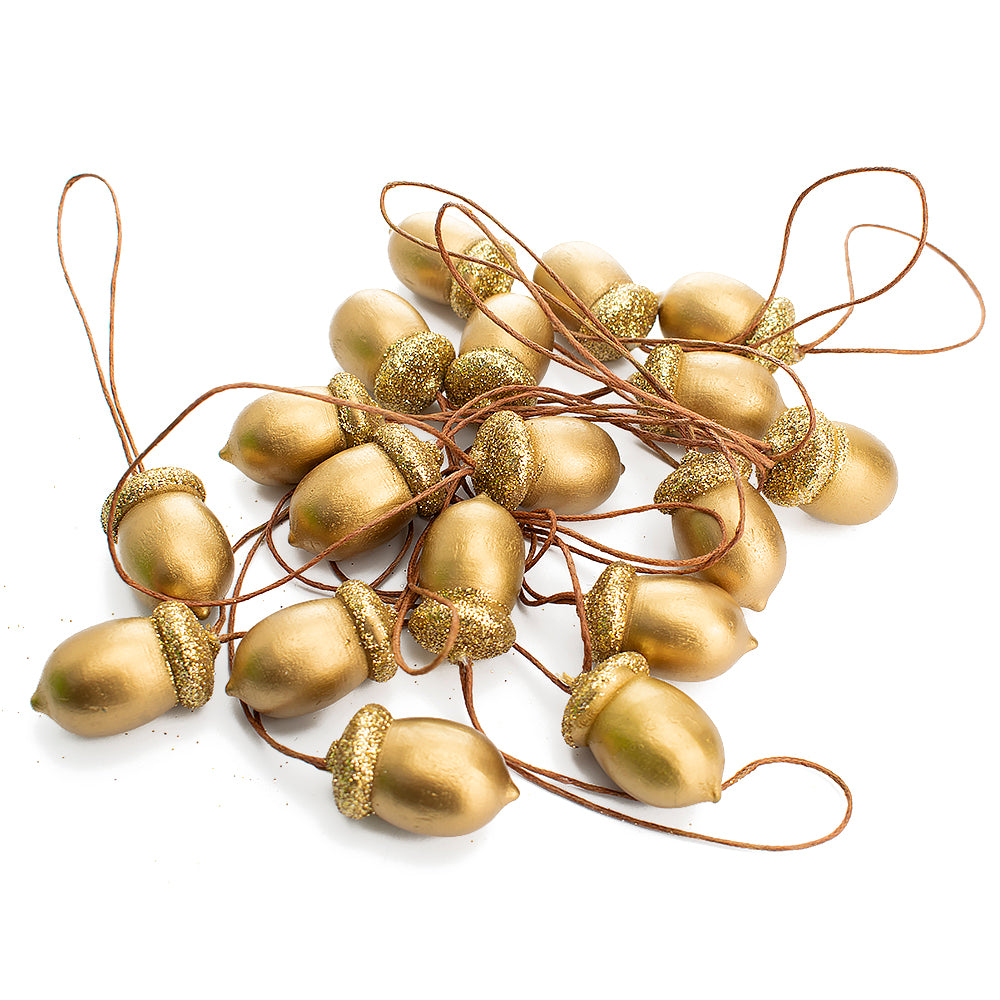 18 Wood and Glitter Acorn Hanging Tree Decoration Ornament - Painted Gold