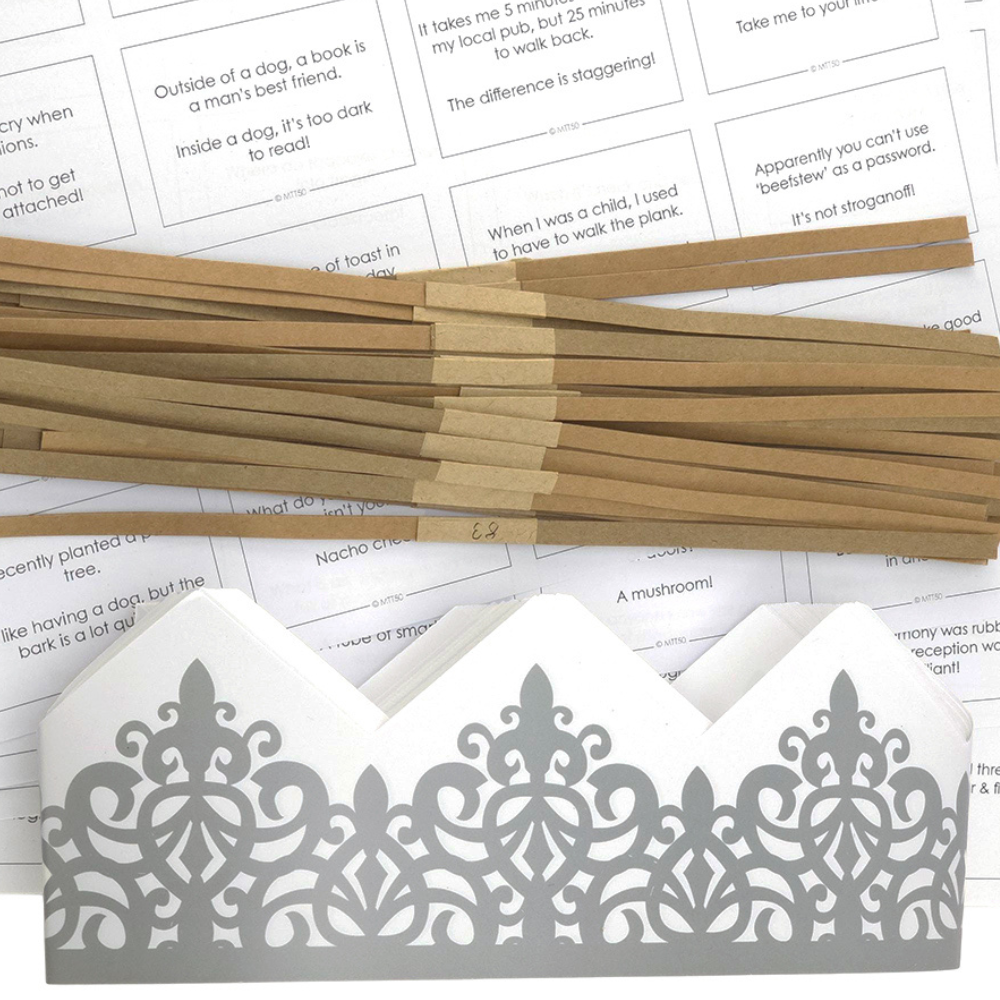 Silver Adjustable Paper Hats, Jokes and Cracker Snaps | DIY Cracker Accessory Pack