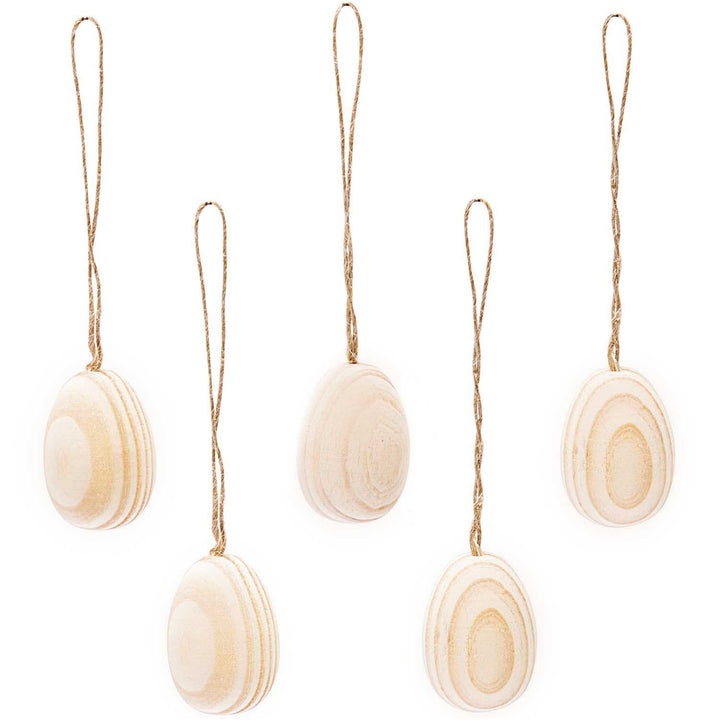 5 Natural Untreated Wooden Hanging Eggs with Cords - 3cm Tall
