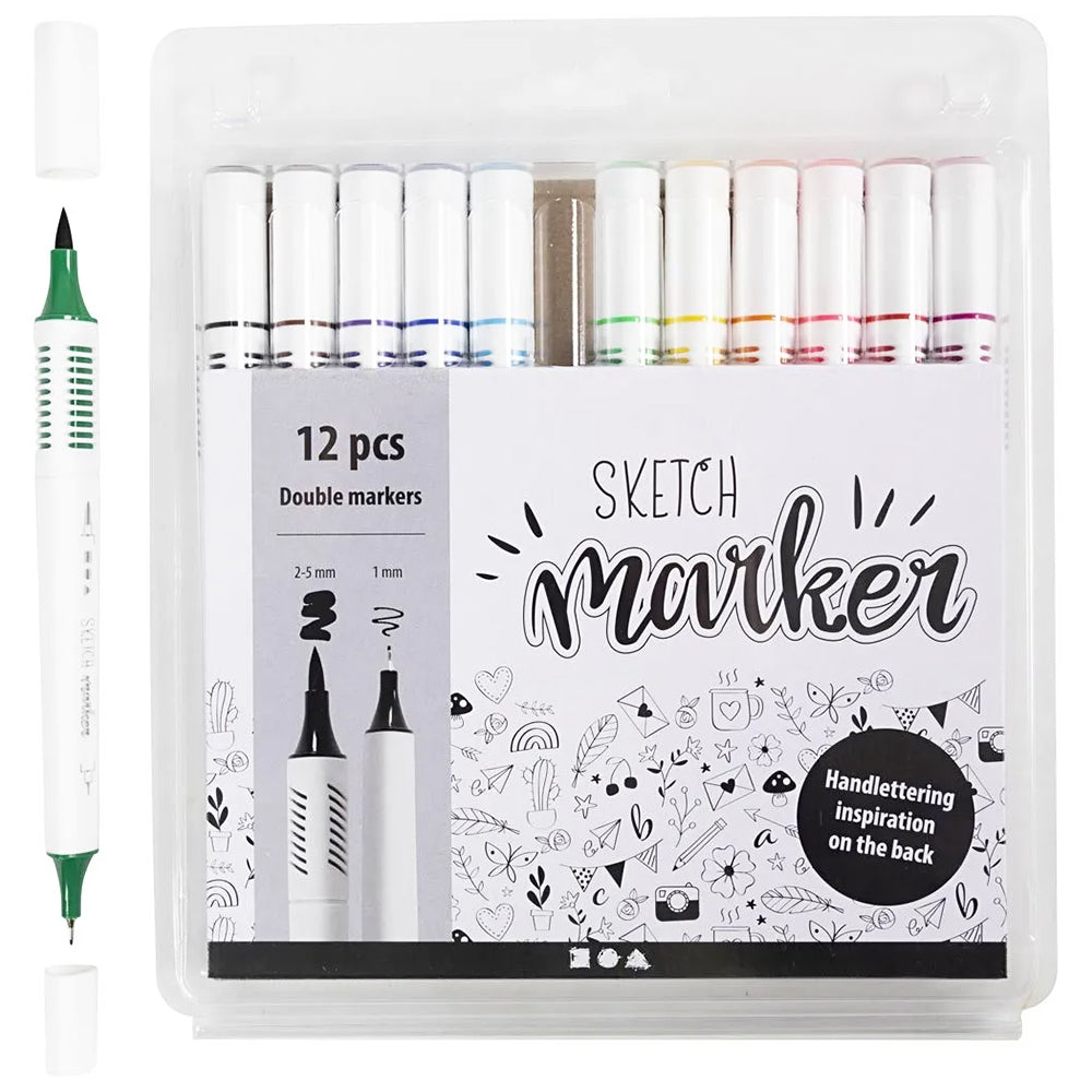 Sketch & Writing Markers | Double Ended | 1mm & 2.5 mm | 12 Pack