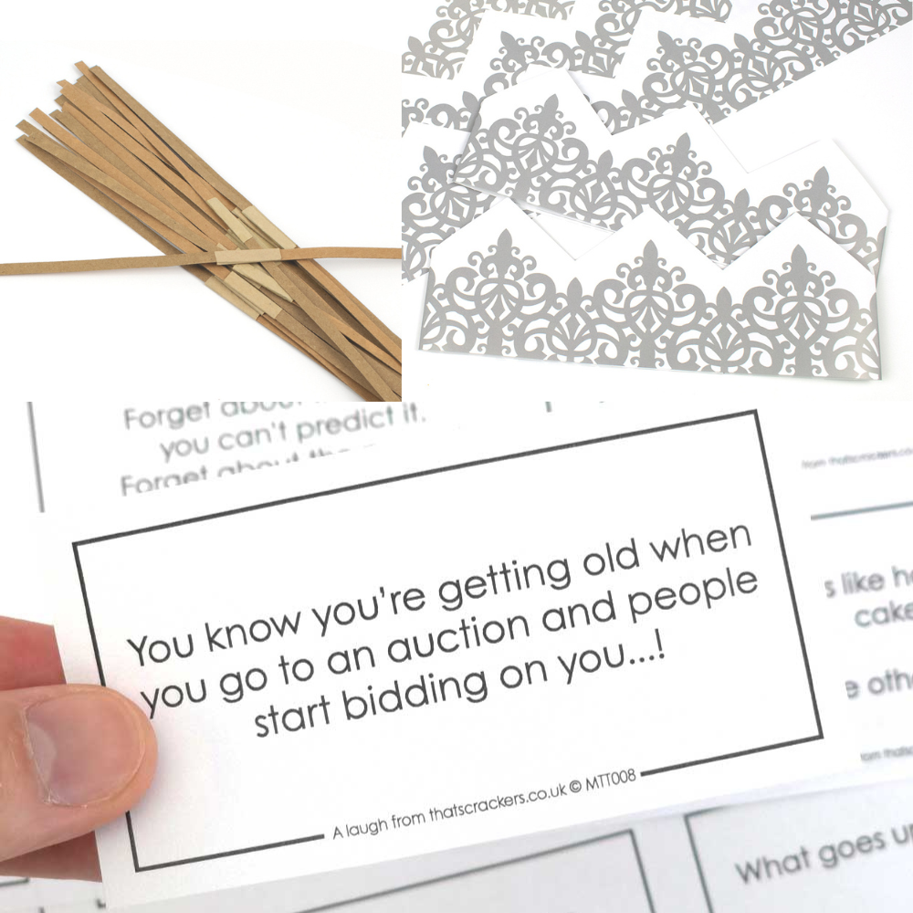 Adjustable Cracker Hats, Snappy Strips & Jokes for 12 DIY Crackers | Generic, Christmas or Birthday Jokes