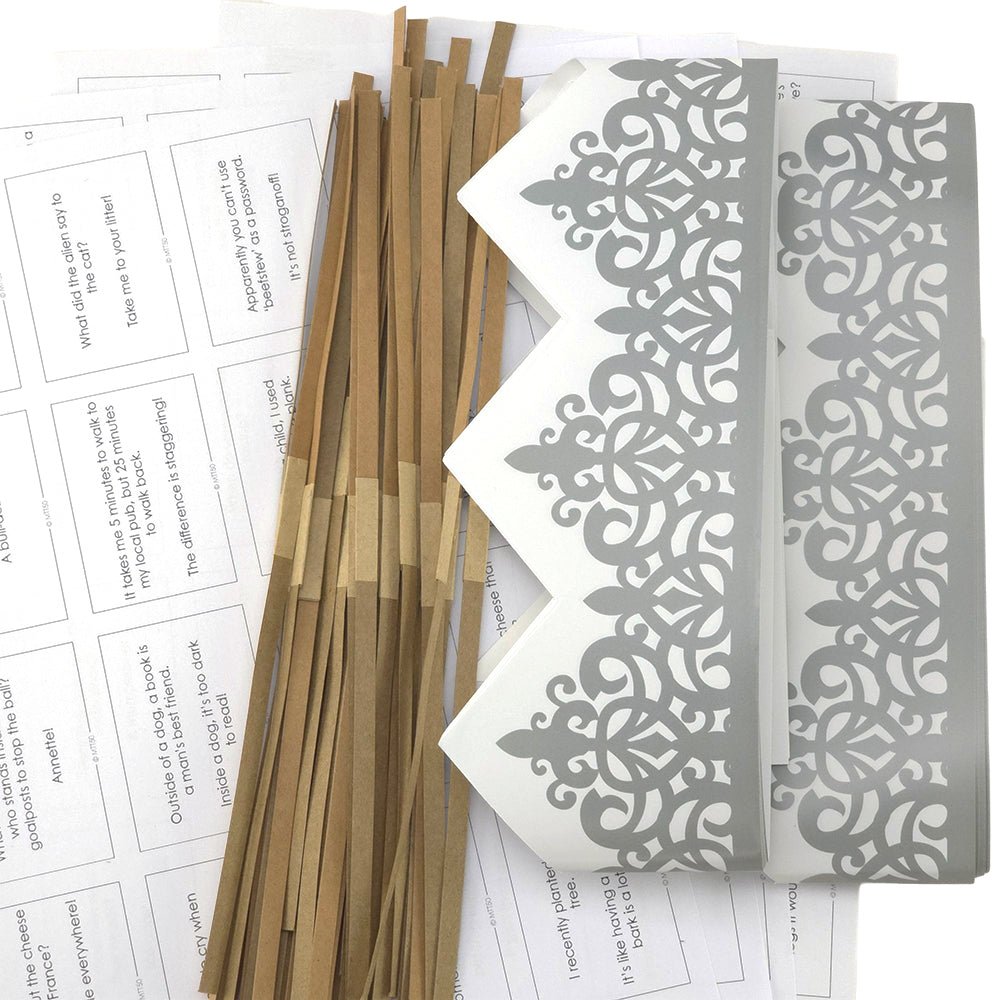 Silver Adjustable Paper Hats, Jokes and Cracker Snaps | DIY Cracker Accessory Pack