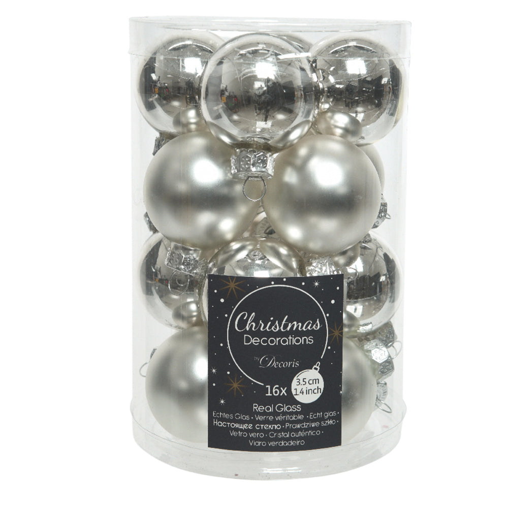 16 3.5cm Silver Glass Christmas Tree Bauble Decorations