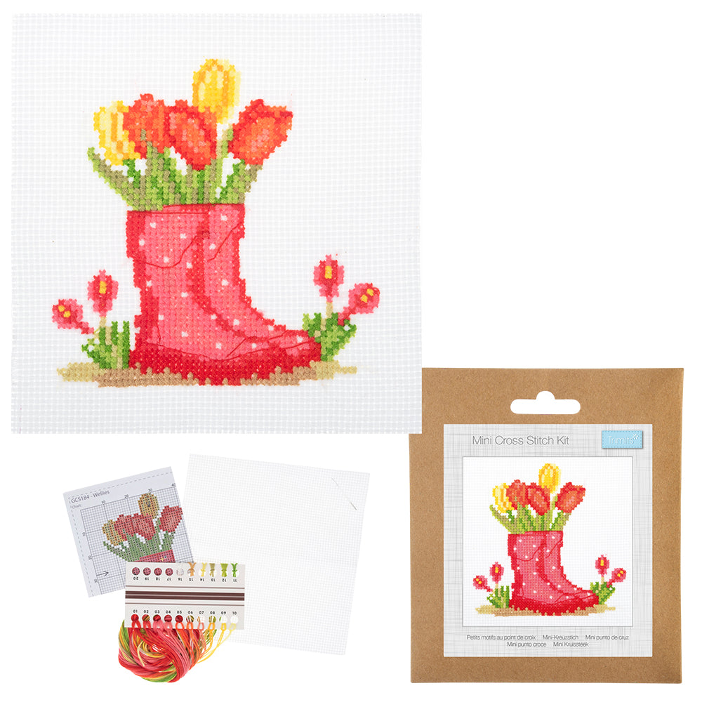 Springtime Tulip in Wellie Vase | Mini Counted Cross Stitch Kit | 13cm